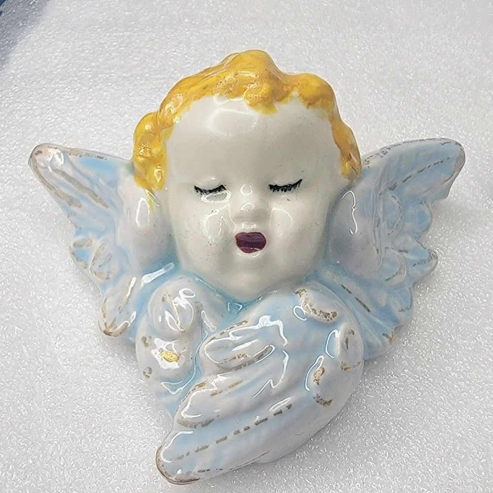 Vintage Pair of Ceramic Cherub Angel Wall Hangings Blonde Hair Blue Wings